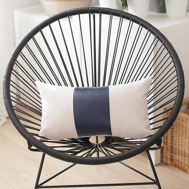 Boho Throw Pillow Navy Blue Mixed Design Set of 2 Vegan Faux Leather Solid for Couch, Bedding