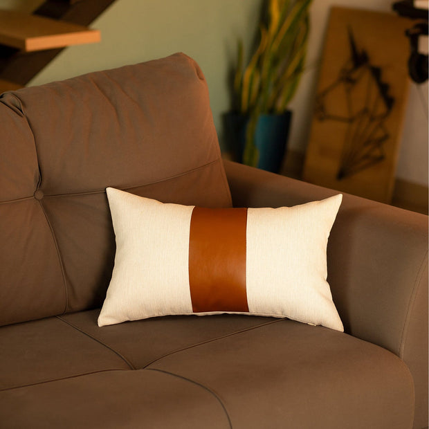 Boho Throw Pillow Brown Mixed Design Set of 2 Vegan Faux Leather Solid for Couch, Bedding